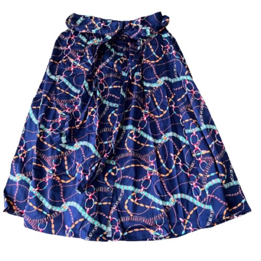 Umgee Blue Geometric Print Button Front Paper Bag Waist Knee Length Skirt - Picture 2 of 13